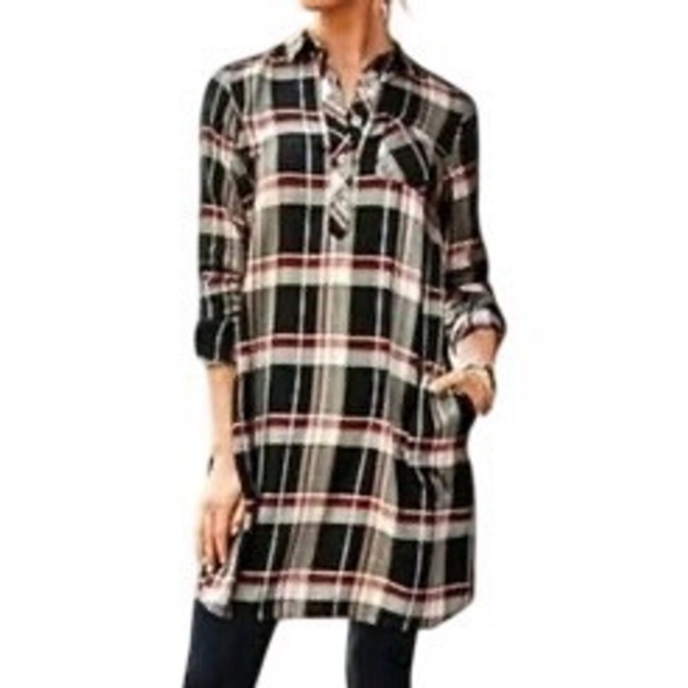 J Jill Plaid Tunic Dress Black Red White M Academia Preppy Grunge Goth Cabincore